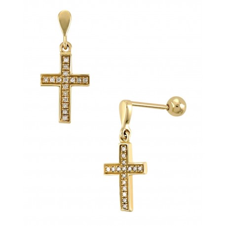 ARETES DE CRUZ EN ORO AMARILLO CON DIAMANTES 10373W-WD4YT - Envío Gratuito