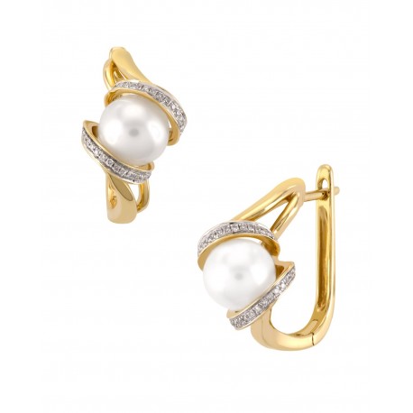 ARETES DE ORO AMARILLO CON DIAMANTES Y PERLA 15027W-WP4YV - Envío Gratuito