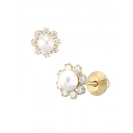 BROQUELES DE FLOR EN ORO AMARILLO CON PERLA Y ZIRCONIAS BZR24271-P