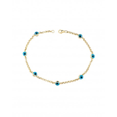 PULSERA DE ORO AMARILLO CON OJITOS AZULES EKBL00001-Y - Envío Gratuito